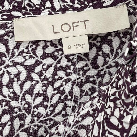 Loft Vine Ruffle Tie Neck‎ Dress Knee Length Long Sleeves Purple Women Size 8 - Picture 12 of 14